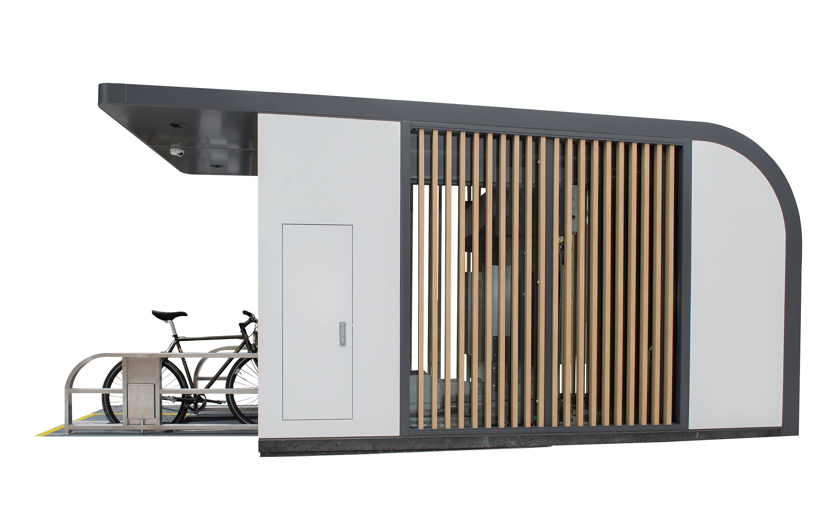 入出庫ブースの壁面には、酒蔵をモチーフにした白壁の中にガラスと連続格子を設置